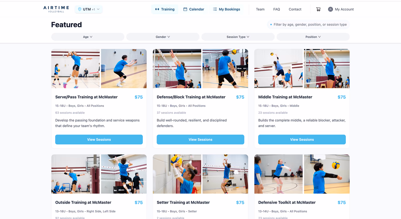 Featured sessions page for AIRTIME Volleyball, our Hamilton facility, built on Asobi